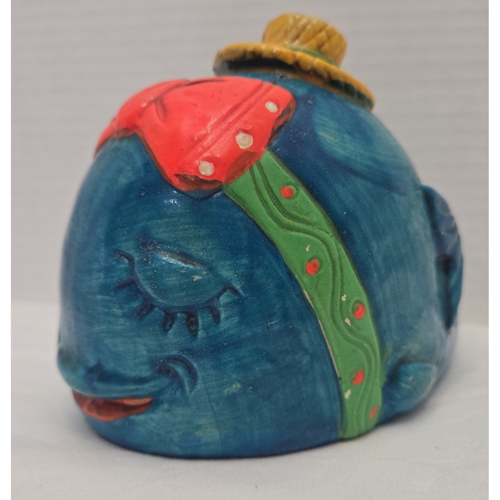 MCM 1960s Paper Mache Whale Coin Bank Blue with Straw Hat Japanese Folk Art